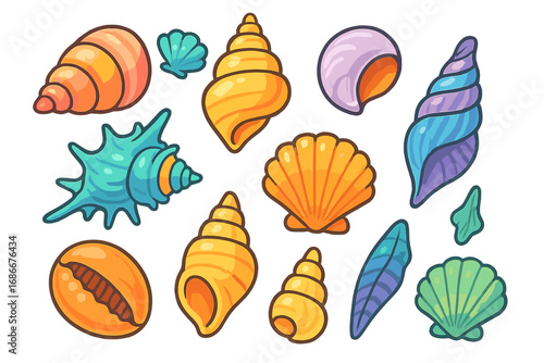 Vector set of colorful seashells. Cartoon illustration of various ocean treasures. Marine life, beach decor, aquatic nature, summer vacation symbol, tropical mollusk collection.