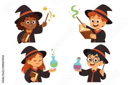 Set of diverse wizard kids. Cartoon characters in magic school with books, wands, and potions. Fantasy illustration for children. Vector sorcerer and witch students learning spells.
