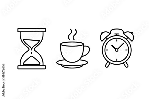 Simple Linear Illustration of Time Concept with Hourglass, Coffee Break, Alarm Clock Icons for Graphics, Apps, Productivity, and Lifestyle Vector Cartoon Transparent Background