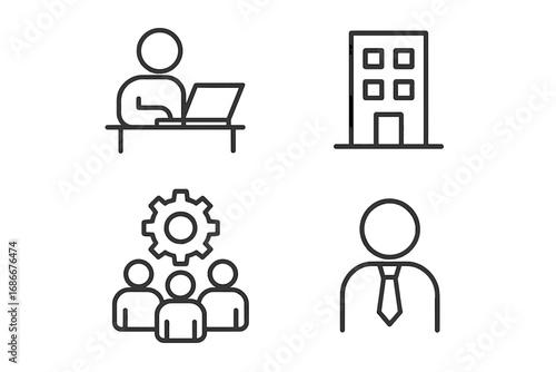 Simple linear icons of user work and business concepts including job, company, staff, employee, teamwork, and professional office settings for app and graphic design