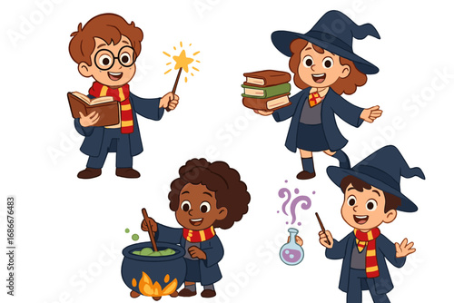 Set of wizard school kids. Magical children characters. Boy with wand and spell book. Girl with books. Witch brewing potion in cauldron. Fantasy education vector illustration.