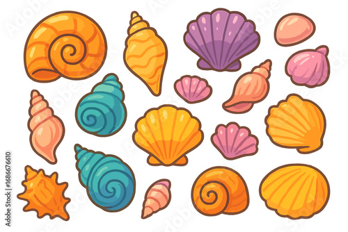 Colorful cartoon seashells vector set. Collection of cute sea shells, scallops, conch. Ocean treasures for summer beach design. Marine nature underwater life illustration.