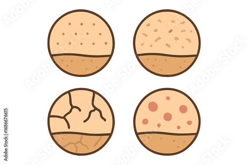 Skin type icons set with texture variations, cartoon vector illustration of diverse skin conditions, flat design dermatology symbols, beauty and health concept, transparent background