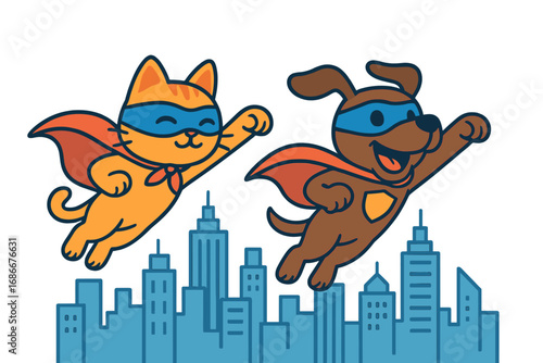 Superhero Cat and Dog Flying Over City Skyline, Cartoon Vector Illustration with Capes and Masks, Animal Heroes in Urban Adventure, Transparent Background, Playful Vector Set