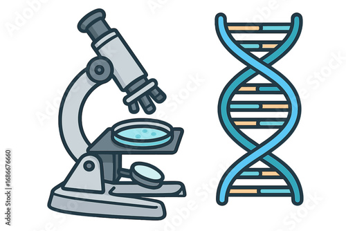 Science research concept with microscope and DNA strand. Vector for genetics, molecular biology, lab discovery, and biotechnology. Flat cartoon icon for medical analysis.