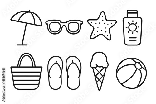 Summer beach essentials icon set. Minimalist outline vector illustration. Vacation and travel symbols. Sunscreen, umbrella, sunglasses, ice cream, ball, bag, starfish, flip flops.