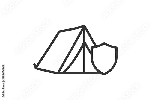 Minimalistic Tent with Shield Icon, Secure Camping Symbol for Web Design, Apps, Banners, Social Media, and Digital Graphics, Vector Line Art Illustration on Transparent Background