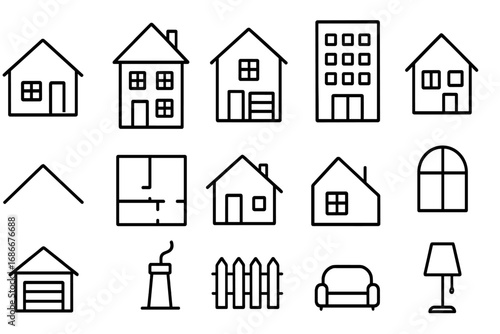 House and home line icon set. Real estate and construction vector symbols. Collection of residential building, furniture, and architecture pictograms for modern design.