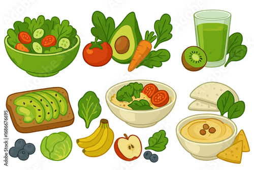 Healthy food collection. Plant-based ingredients and dishes for vegan or vegetarian diet. Vector set of salad, smoothie, avocado toast, hummus. Nutrition and clean eating concept.