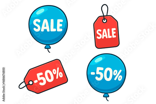 Sale and discount banners on blue balloons and red tags, cartoon vector illustration, bright colorful advertising graphics, promotional marketing set, transparent background