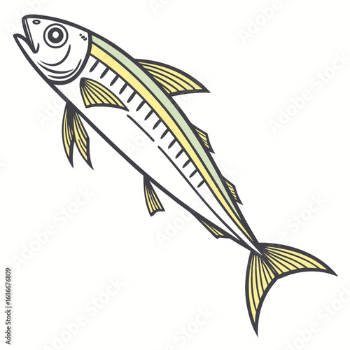 A simple vector illustration of a sand lance, a slim baitfish with a yellow stripe, isolated against a solid white background