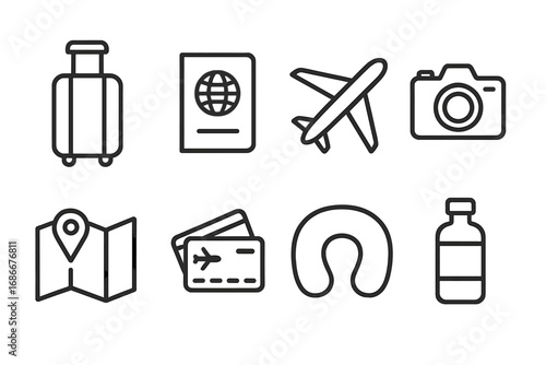 Minimalist Travel Essentials Icons Set Including Luggage, Passport, Airplane, Camera, Map, Boarding Pass, Neck Pillow, and Water Bottle Vector Illustration Transparent Background