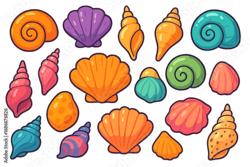 Colorful cartoon seashells collection. Vector illustration set of various ocean sea shells. Underwater marine life treasures. Conch, scallop, clam isolated for summer beach design.