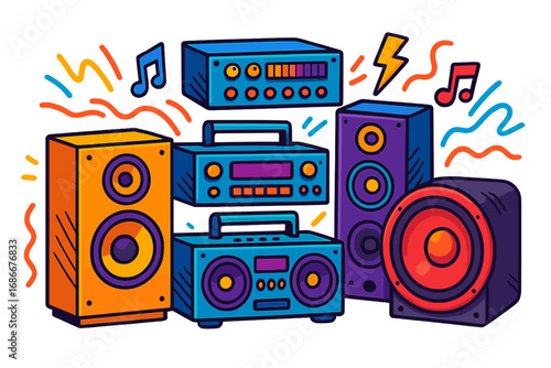 Sound system vector illustration. Colorful speakers, audio equipment, boombox, amplifier. Music festival, party, dj concept. Loud bass, stereo energy. Pop art cartoon style.