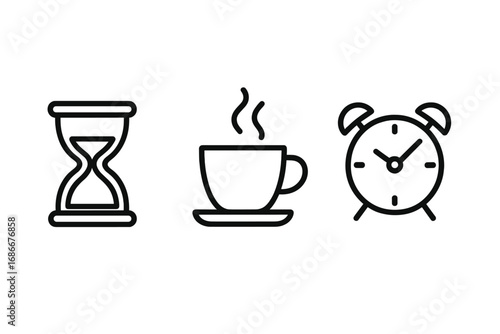 Time Icon Bundle including Hourglass, Coffee Break, Alarm Clock, Symbols for Time Management, Work Break, Reminder, Concepts for Graphics, Apps, Vector Cartoon Illustration