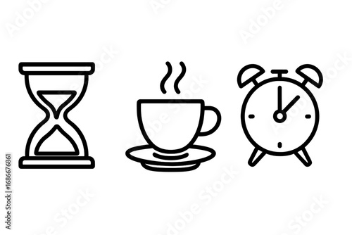 Time icon bundle with hourglass, coffee break cup, and alarm clock, vector cartoon illustration, transparent background, concept graphics for apps, productivity and relaxation symbols