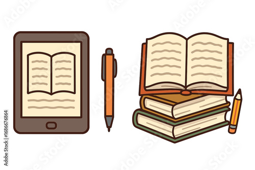 E-reader versus traditional paper books vector concept. Digital reading on tablet vs old book stack. Education, learning, and literature evolution. E-book and writing tools.