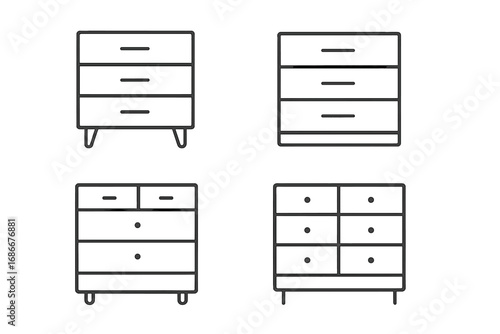 Chest of drawers line icon set. Dresser furniture collection. Minimalist linear style vector illustration. Home interior design element. Modern cabinet, commode, bureau symbol.
