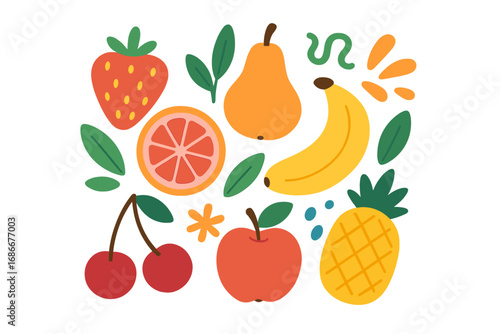 Set of colorful vector flat fruit icons. Fresh juicy summer fruits collection. Healthy food concept. Includes apple, banana, strawberry, pineapple, cherry, pear, orange.