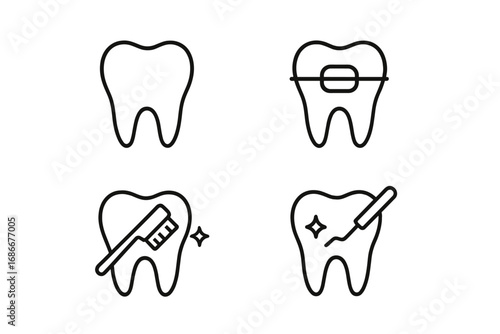 Tooth and Dentistry Line Icon Collection with Braces, Cleaning, and Dental Care Symbols. Minimalist Linear Pictograms for Web Design, Apps, Banners, Social Media, and Dental Health Graphics