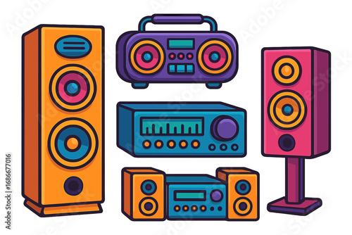 Colorful audio equipment set. Vector cartoon illustration of speakers, sound system, stereo, boombox, and amplifier. Retro music technology concept. Modern flat graphic icons.