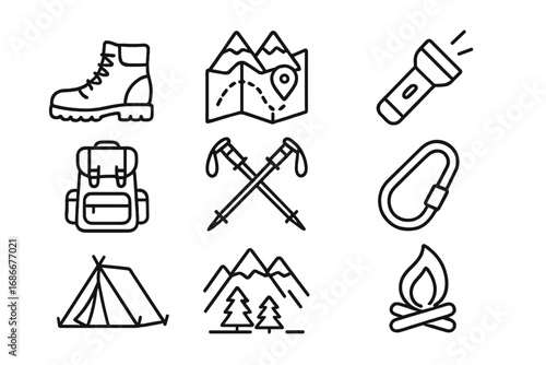 Outdoor adventure icons set featuring hiking gear and camping equipment in linear style, vector cartoon illustration with transparent background, mountain trekking essentials collection