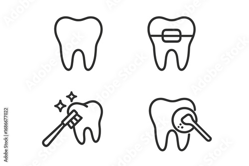 Tooth and Dentistry Icon Collection with Braces, Cleaning, and Examination Symbols, Minimalist Linear Dental Pictograms for Web, Apps, Banners, Social Media and Graphic Design Vector