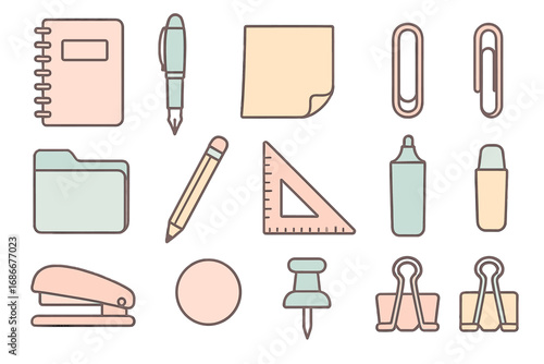 Set of pastel office supplies icons. Minimalist stationery for creative work. Cute cartoon vector illustration. School and business tools concept for back to school design.