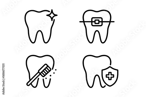 Tooth dentistry icons with braces, cleaning, protection and shine. Minimalistic linear dental care collection for web, apps, graphic design, banners, social media and cards. Vector set