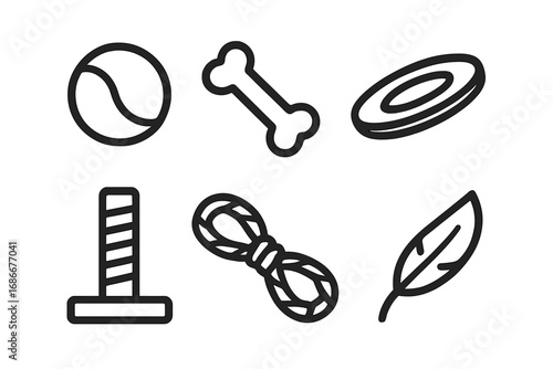 Pet toy icon set. Minimalist line art vector collection for dog and cat care. Simple outline symbols for pet shop. Includes ball, bone, frisbee, scratching post, rope, feather.