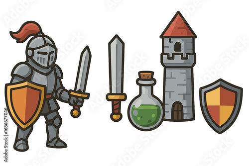 Medieval fantasy knight character icon set. Vector cartoon illustration of a warrior in armor with a sword and shield, a castle tower, and a magic potion or elixir.