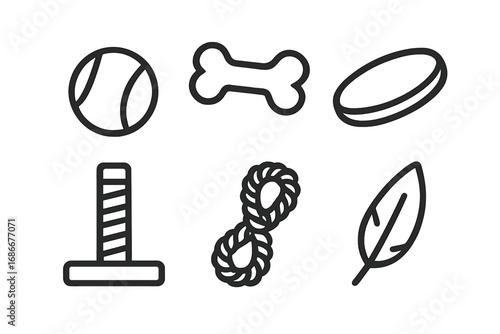 Pet toy icon set. Minimalist line art vector illustration of dog and cat toys. Collection includes ball, bone, frisbee, rope, feather, and scratching post for pet shop or animal care.