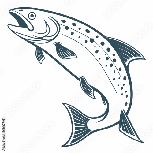 Leaping Salmon Illustration Detailed Line Art of a Fish in Motion