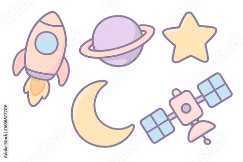 Pastel space icons collection with rocket, planet, star, moon, satellite. Cute cartoon vector set. Celestial elements for kids, baby, nursery decoration. Galaxy doodle sticker pack.