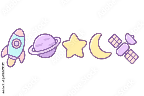 Cute cartoon pastel space icon collection. Vector set with rocket, planet, star, moon, satellite. Kawaii astronomy and galaxy clip art for kids. Isolated graphic design elements.