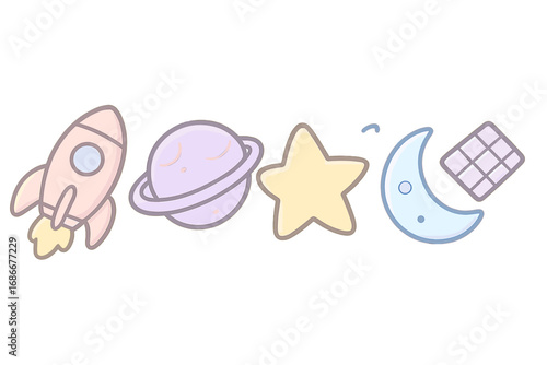 Cute pastel space icons collection. Kawaii cartoon vector illustration set with rocket, planet, star, moon, and satellite. Baby nursery decor elements. Galaxy astronomy clipart.