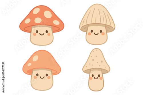 Cute kawaii mushroom character vector set. Four smiling fungi mascots in soft colors. Playful cartoon illustration for cozy designs, autumn themes, and children's products.