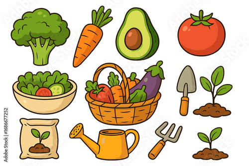 Gardening and fresh vegetables icon set. Grow your own food concept. Vector cartoon illustration of plant-based foods, garden tools, harvest basket, and seedlings. Healthy organic lifestyle.