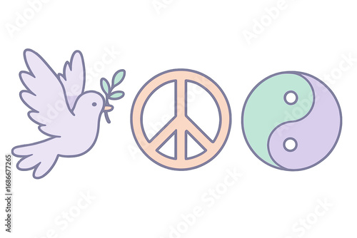 Set of peace symbols. Dove with olive branch, CND sign, and yin yang icon collection. Vector cartoon illustration in soft pastel colors. Harmony, love, and anti-war concept.