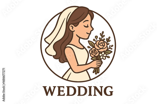 Elegant Wedding Logo with Bride Holding Floral Bouquet, Romantic Vector Cartoon Illustration, Marriage Celebration Design with Transparent Background, Bridal Theme