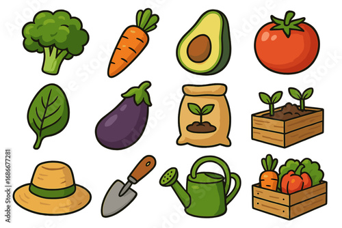 Gardening and fresh vegetable icon set. Vector cartoon illustration of plant-based foods like broccoli, carrot, avocado, and tomato. Concepts of farming, healthy eating, vegan.