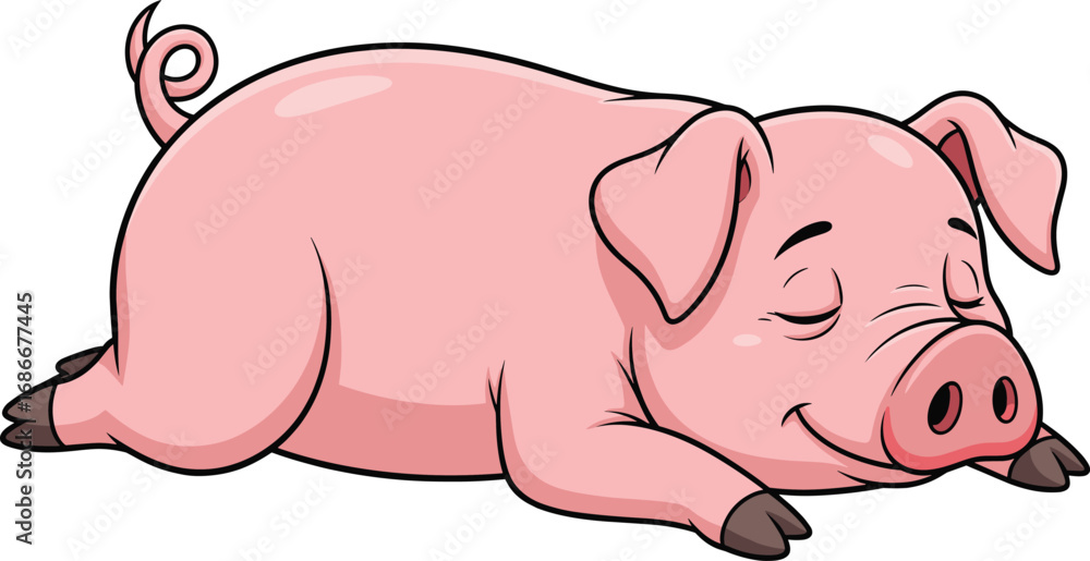 Naklejka premium Adorable sleeping pink pig cartoon, peaceful farm animal illustration, cute resting livestock vector art for kids and nature designs