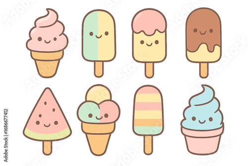 Ice cream icon set. Cute kawaii characters with smiling faces. Cartoon vector illustration. Summer dessert food concept. Popsicle, gelato, sorbet. Happy food mascot collection.