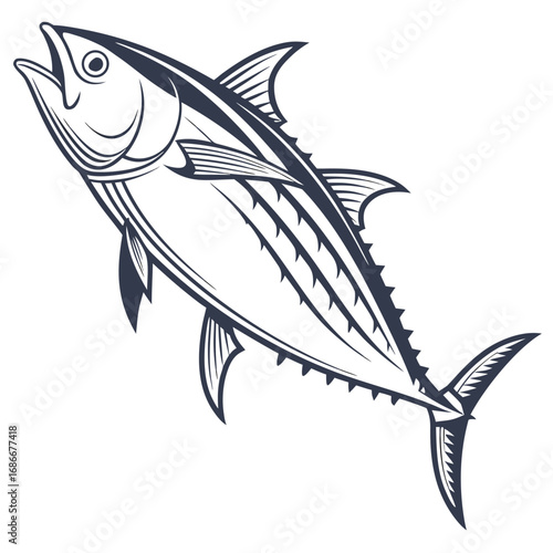 Monochrome vector illustration of a jumping tuna fish. A dynamic and stylized bigeye tuna logo design element isolated on a white background