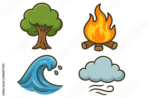 Set of four classical nature elements. Earth as tree, fire as campfire, water as wave, air as wind cloud. Vector cartoon icons for environment, alchemy or weather design.