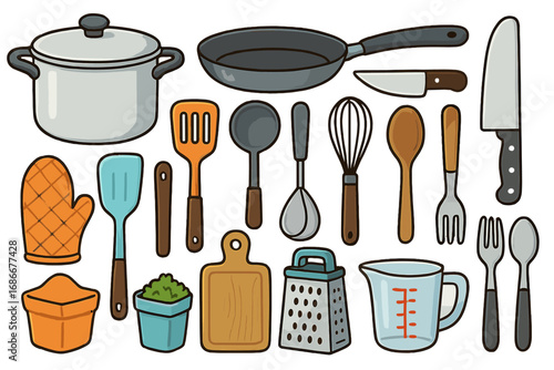 Kitchen tools and utensils vector illustration set. Cooking equipment collection with pot, pan, knife, spatula, ladle, whisk, cutting board, and grater. Culinary food prep icons.