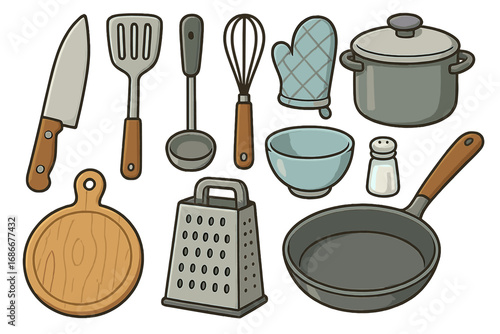 Kitchen tools and utensils vector icon set. Cooking equipment collection. Cookware for meal preparation. Frying pan, pot, knife, grater cartoon illustration. Culinary concept.