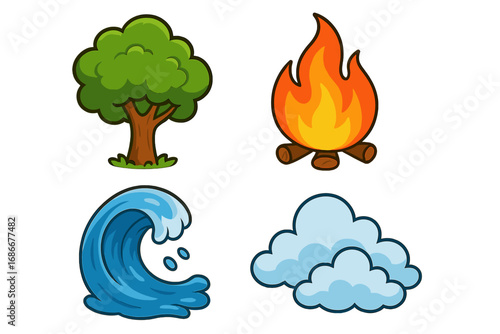 Four elements of nature icon set. Cartoon vector symbols of earth, air, fire, water. Tree, cloud, bonfire, and wave illustrations for games or fantasy themes. Eco concept.