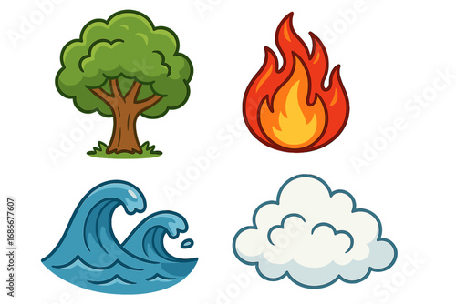 Cartoon vector illustration of the four classical elements of nature. Symbol collection with earth, air, fire and water. Including tree, cloud, flame and wave icons.