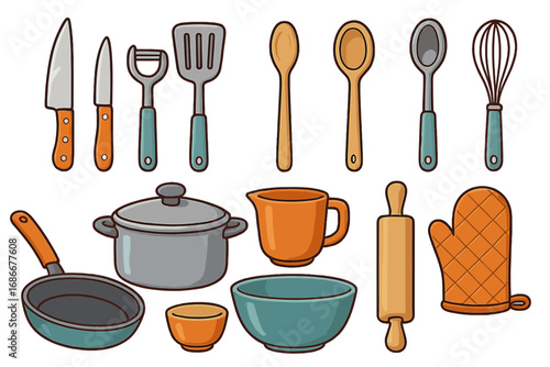 Big set of kitchen utensils and cookware for home cooking. Vector icons for food preparation. Kitchenware, kitchen tools, knife, pot, pan, rolling pin, whisk, spatula.